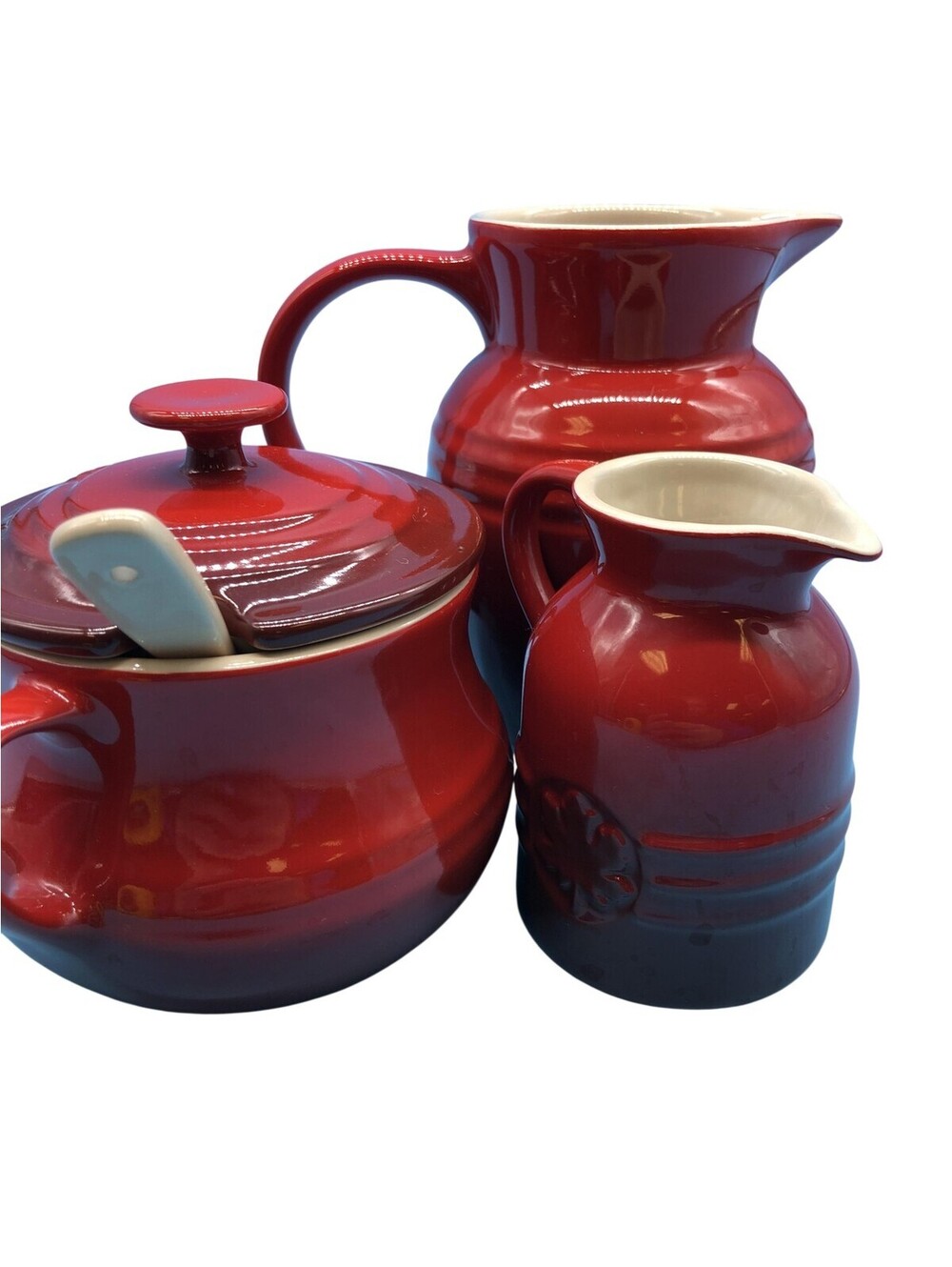 Le Creuset Red Stoneware Party Bowls Set Of 3 Pitcher Sugar Jar Spoon Serving